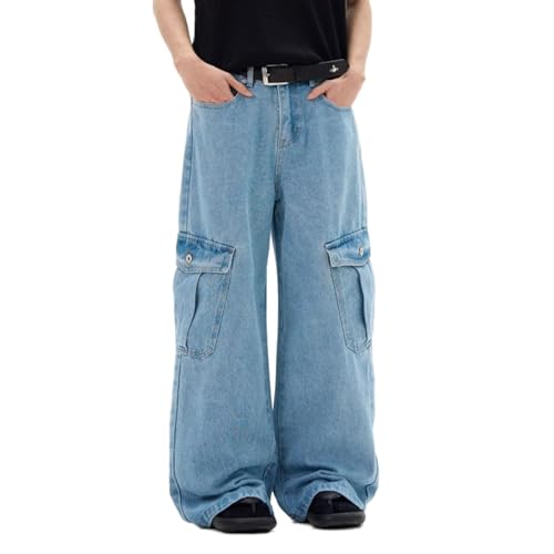Men's Wide Leg Cargo Jeans Straight Loose Baggy Denim Pants Y2K Teen Boys High Rise Long Jean Trousers