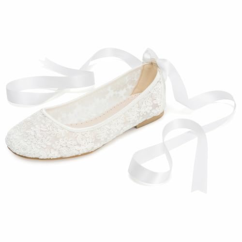 Bridaluxe 33119 Damen Hochzeitsschuhe Flach Spitze Satinband Knöchelbindung Runde Spitze Bequeme...