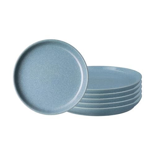 Denby - Elements Blue Coupe Salad Plates Set of 6 - Dishwasher Microwave Oven Safe - Scratch Chip Resistant Lunch, Appetizer, Dessert Plates - 8.25 Inch Ceramic Stoneware Dinnerware Set