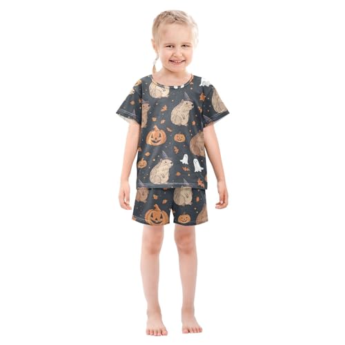 ALAZA Halloween Capybara Bat Pumpkin Pajamas Short Sleeve 2 Piece Sleepwear Top and Bottom Pajama Set Unisex3