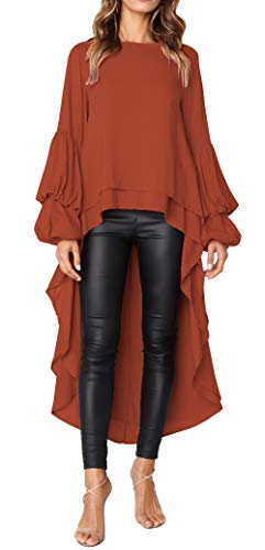 PRETTYGARDEN Women's Lantern Long Sleeve Round Neck High Low Asymmetrical Irregular Hem Casual Tops Blouse Shirt Dress (Brick Red, Medium)