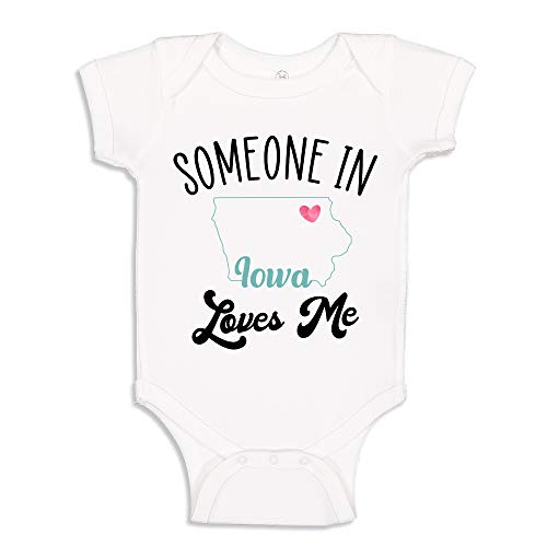 Image of The Shirt Den Someone In Iowa Loves Me Long Distance Baby Gift State to State Bodysuit Infant One Piece 6 mo White