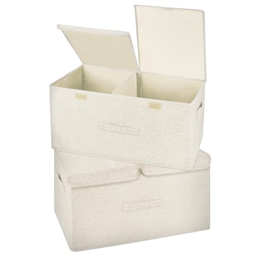 Image of 2 Pack Storage Boxes with Lids and Handles, Collapsible Linen Storage Bins Organizer Containers Baskets Cube with Removable Divider for Home Bedroom Closet Office (Cream, Large)
