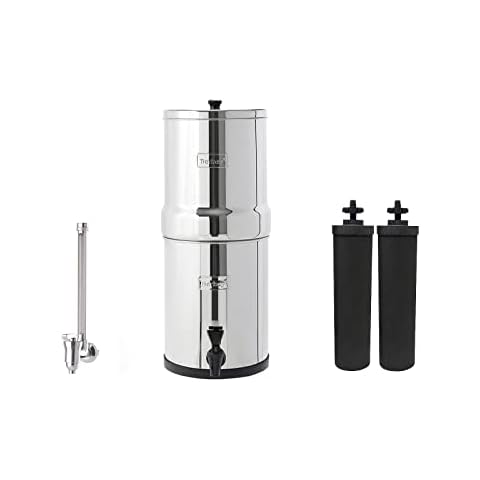 Travel Berkey Gravity-Fed Water Filter System with 2 Black Berkey Elements Plus Deluxe 7" Stainless Steel Berkey Water View Spigot Cover
