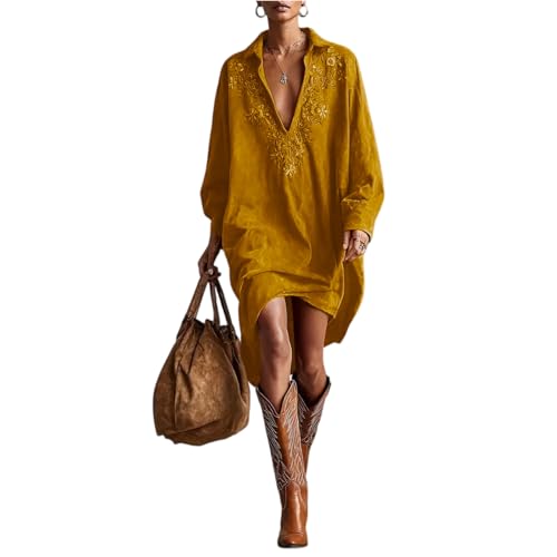 Image of Womens Faux Suede Western Vintage Midi Dress, Long Sleeve Lapel Deep V Neck Fall Winter Velvet Retro Style Dress