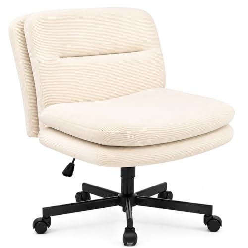 Durrafy Chaise Coiffeuse Velours Côtelé Beige, Chaise de Bureau sans Accoudoirs avec Assise Large, Fauteuil Pivotant Réglable en Hauteur, roulettes...