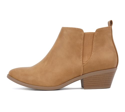 Soda “CHARMER” ~ Women Pointed Toe Elastic Gore Low Heel Ankle Bootie with Zipper Closure (Tan Nubuck, WIDE 11)