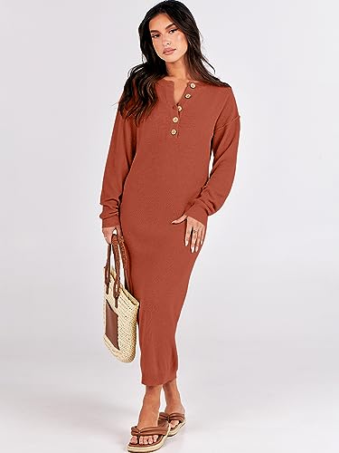 Image of ANRABESS Women Long Sleeve Button V Neck Oversized Casual Loose Fit Waffle Knit Fall Midi Sweater Dress 2026 Trendy Outfits
