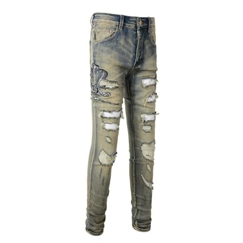 Jeans Pants Trousers Denim Men Street Trendy Stretch Slim Fit Personalized Snake Pattern Embroidered Broken Hole Nostalgic Retro Casual Small Foot(Grayish Blue,31)3