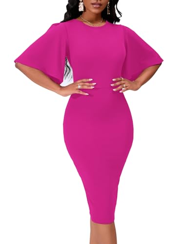 Image of Bdwinz Women's Basic Bodycon Ruffle Flared Short Sleeve Pencil Midi Dress