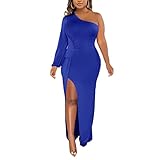 Women's One Shoulder Cocktail Party Maxi Dress Long Sleeve Sexy Thigh Side Slit Formal Long Bodycon