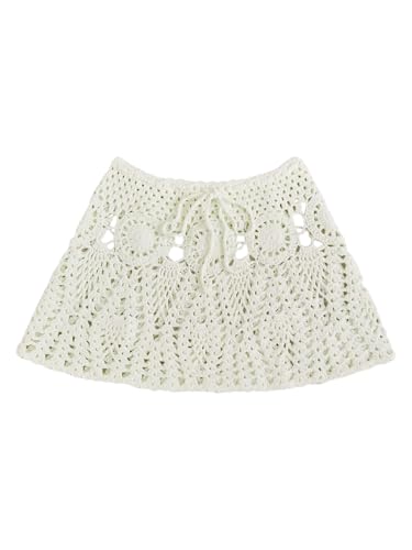 Verdusa Women's Hollow Out Crochet Knit Skirt Drawstring High Waist Mini Cover Up Skirt