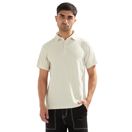 Image of Nobero Textured Polo T-Shirt for Men | Polo T-Shirts for Men | Regular Fit | Textured Fabric | Contrast Collar | Casual & Smart Casual