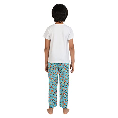 Image of Frangipani Cotton, Regular Fit, Tee & Bottom Construction CampusPrint Night Suit Pyjama Set for Kids
