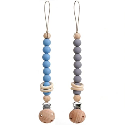 Image of 2Pcs Silicone Pacifier Clip with Natural Wooden Rings, Grey and Blue Pacifier Holder Binky Clips for Baby Boys (Blue)