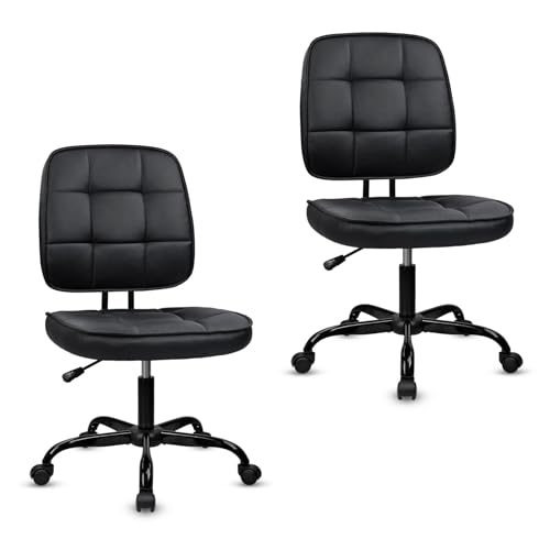 Image of CLATINA Armless Home Office Chair with Lumbar Support and Wheels, Small PU Leather Ergonomic Low Back Desk Chairs No Arms, Adjustable Height 360 Swivel Rolling Computer Task Chair, Black, 2 Pack
