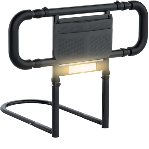 LIUQIBAX Bed Rails for Elderly Adults Safety: Elderly Assistance Products with Adjustable Double Grips, Storage Pocket, Motion Sensor Light, Items for Elderly Bed Rail, Can Withstand 300lb(Black)