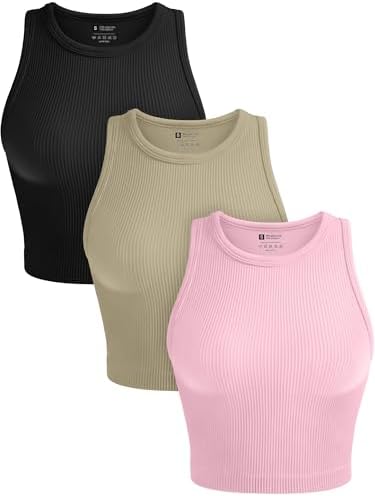 OLCHEE Womens 3 Pack Crop Tank Tops Basic Seamless Ribbed Round High Neck Racerback Workout Top Summer Causal Yoga Gym Shirts