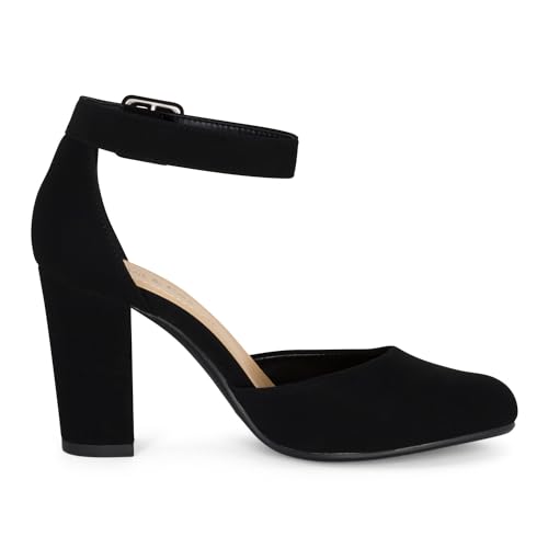 Chariot & Co Posh Women's Ankle Strap Block Heel Dress Shoes – Closed Toe Vegan Leather in Black PU and NBPU4