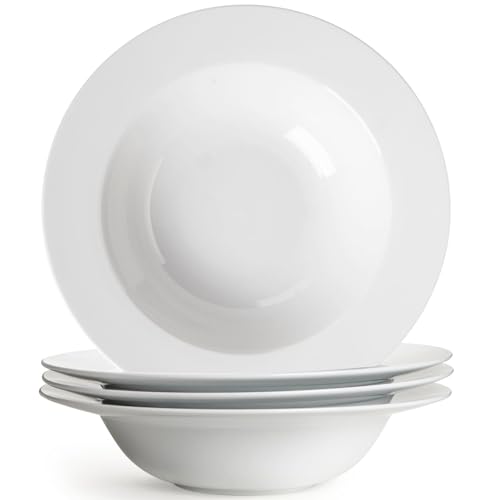 Wareland Pasta & Salad Bowls - 40oz White Ceramic Soup Plates - Set of 4, Large Pasta Plates, Wide Rimmed, Microwave & Dishwasher Safe