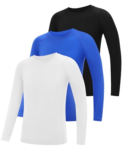 Boys Compression Shirt Long Sleeve, 3 Pack Kids Baseball Athletic Undershirt, Youth Quick Dry Base Layer for Football
