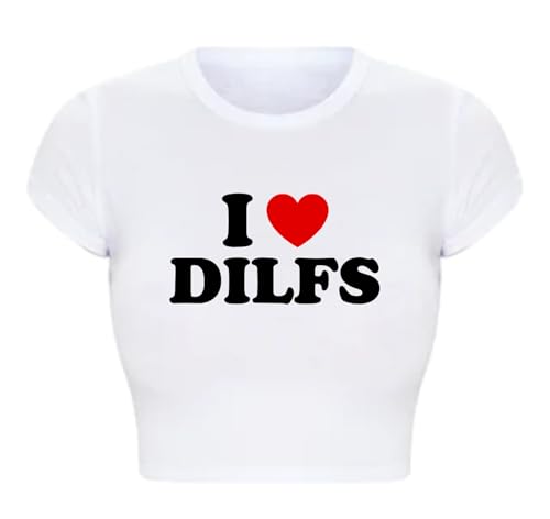 I Heart Shirt - I Love Dilfs - Womens Crop Top - Short Sleeve Crops - Womens Graphic Tops - Stylish Outfit - Custom Made Crop Top - Printed Shirt - Summer Gifts For Her (XS, White)