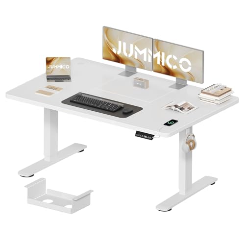 JUMMICO Höhenverstellbarer Schreibtisch 140 x 70 cm mit Kabelwanne, Höhenverstellbar Elektrisch Stehpult mit USB-Buchse, Computertisch, Ergonomischer Steh-Sitz Tisch, Bürotisch, Weiß