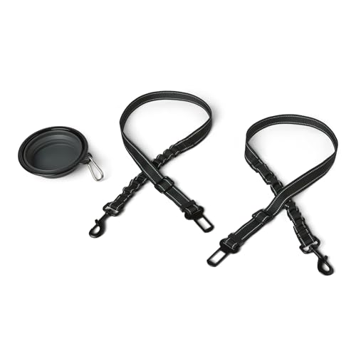 Amazon Basics Dog seat Belt Adjustable Dog Car Harness Adjustable Length 26-39 Includes Collapsible Travel Bowl Black