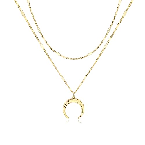 Ntiotno Layered Heart Necklace Pendant Layering Necklaces in 14K Gold Dainty Layering Necklace Set for Women, 14"-32" （Layer Flat Curb Crescent）