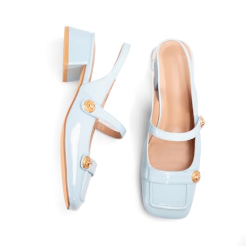 Image of Slingback Mary Jane Heels for Women Low Block Heel Closed Square Toe Pump Shoes Heels Classic Daily Office Dressy Shoes