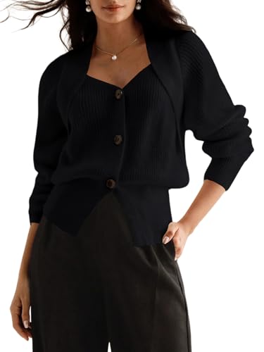 Women's Button Down Cardigan Sweater V Neck Long Sleeve Casual Open Front Crochet Tops Knitted Coat