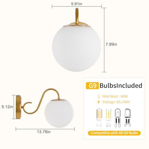 Image of Vintage Brushed Gold Bathroom Wall Sconces, Include G9 bull, 2-Pack