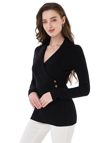 AmélieBoutik Women Slim Fit Sexy Casual Shawl Collar Faux Wrap Knit Long Sleeve Pullover Sweater