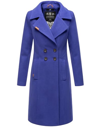 Navahoo Damen Mantel in Wollmantel-Optik langer Trenchcoat mit Reverskragen Wooly Blue Violet Gr. XL