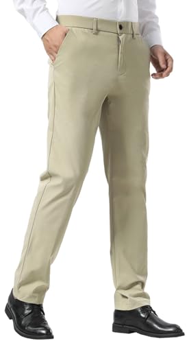 Image of Plaid&Plain Men's Slim Fit Dress Pants Stretch Khaki Pants Wrinkle Free