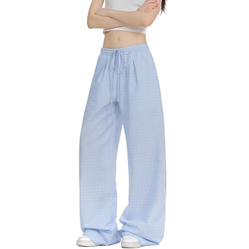 Women Plaid Cargo Pants Drawstring High Waisted Wide Leg Y2K Casual Trousers Trendy Baggy Streetwear Parachute Pants