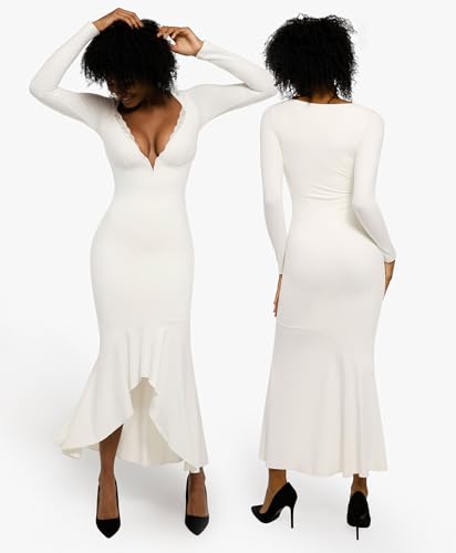 Popilush Long Sleeve Cocktail Dress for Women Shapewear Tummy Control Party Dresses Deep V Neck Lace Mermaid Maxi Dress3