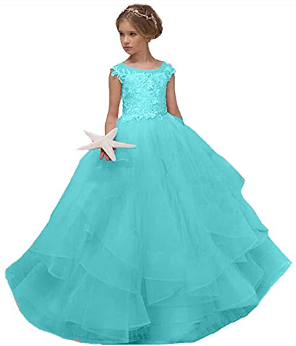 Honeydress Girl's Lace Applique Ruffles Pageant Dress Princess Birthday Party Gowns for Kids Tulle Sleeveless Turquoise