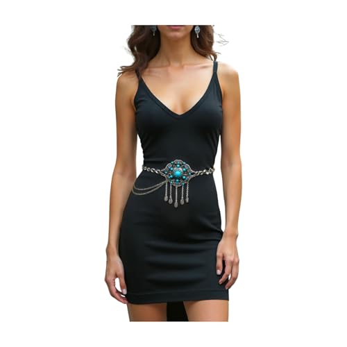 Women Fancy Fashion Dressy Belt Silver Metal Chain Turquoise Flower Charm Plus Size XL XXL z3053