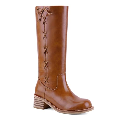 Image of UBWDU Women's Knee High Boots Chunky Block Heel Long Boots Square Toe Low Heel Boots for Women