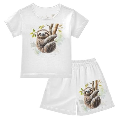 Sloth Branch Leaves White Pajama Set Short Sleeve Summer Pajamas Shorts Sets PJ Clothes Set Soft 5Y