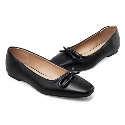 GENSHUO Women’s Square Toe Flats Metal Bow Slip On Ballet Flats Comfort Low Heel Shoes Classic and Chic4