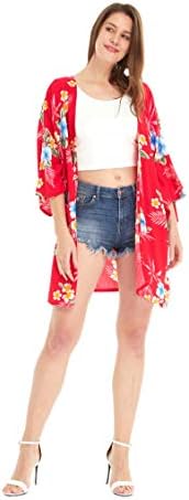 Women Open Front Lightweight Kimono Tops in Hibiscus Red One Size