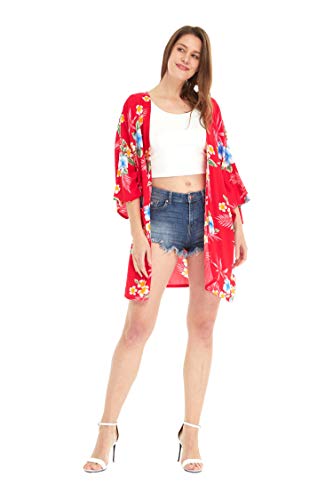 Women Open Front Lightweight Kimono Tops In Hibiscus Red One Size #TOP25