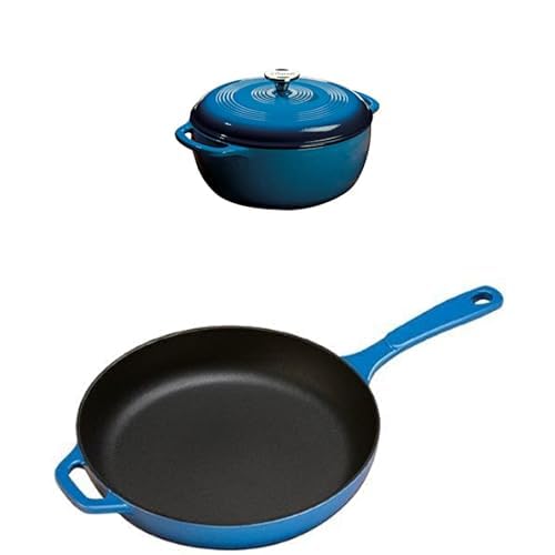 Lodge Quart Enameled Cast Iron Dutch Oven with Lid and Dual Handles, Blue  Lodge Enameled Cast Iron Skillet, Caribbean Blue, 11-inch, Bundle