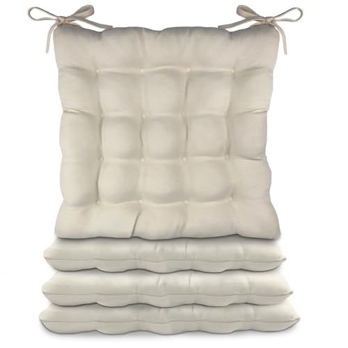 TIENDA EURASIA - Pack de 4 Cojines para Sillas 45x45x5 cm | Impermeables | Cinta para Fijar y Ajustar | Material de Poliéster | Comodidad y Protección para el Hogar y Exterior (Crudo)