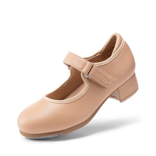 DREAM PAIRS Kids Tap Shoes for Girls Dance Shoes Boys Easy Strap Tap Mary Jane Flats PU Leather for Toddler/Little Kid/Big Kid,Size 4 Big Kid,Tan