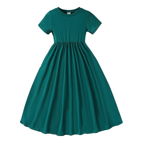 Toddler Baby Girls Green Short Sleeve Pleated Skirt Kids Summer Long Dress Maxi Skirt with Nipped Waist Wide Swing