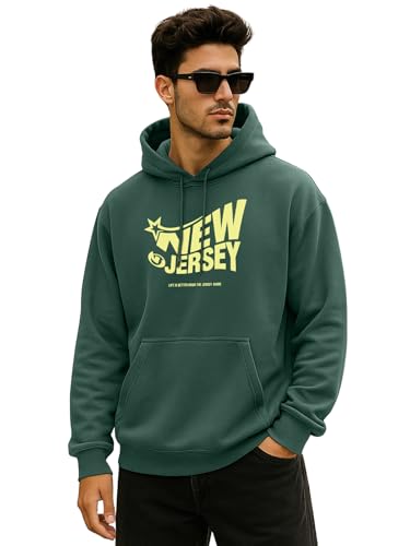 Image of Veirdo Polycotton Spun Oversized Fit Hooded Sweatshirt Full Sleeves Front Chest Graphic Printed Drop Shoulder Jumper Hoodie for Men (Colors: Blue, Black, Gray, Smoke Pine & Peach)