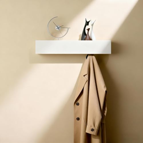 PHMING Percheros Pared con Gancho Oculto, Perchero de Pared de Hierro con Estantes de Madera, Longitud 43,5cm, Contiene Tornillos y llave Hexagonal, para Entrada, Sala de Estar (Blanco)